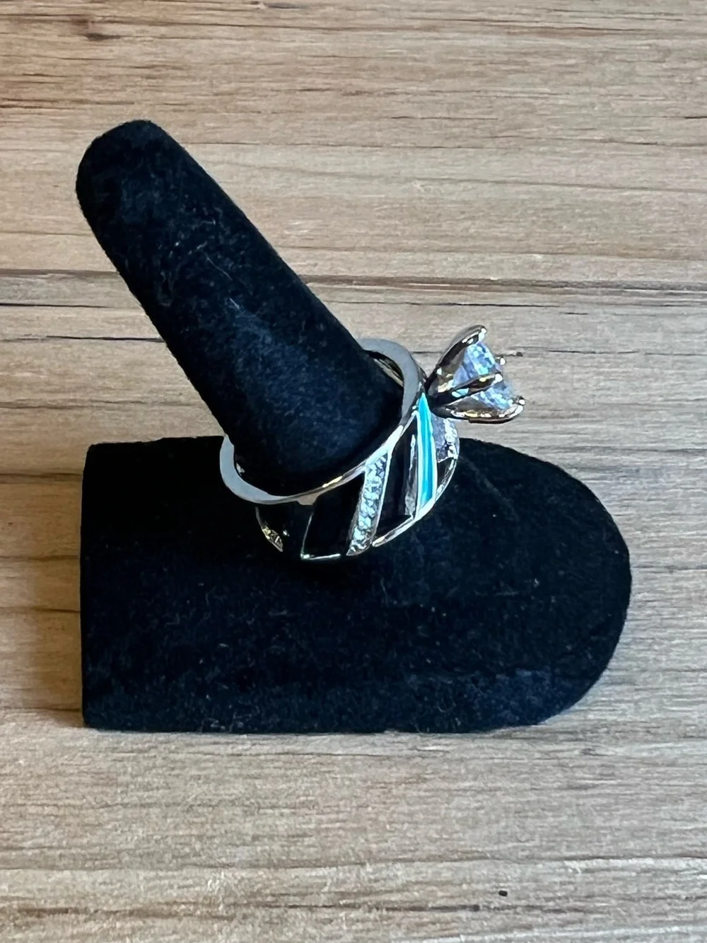 Turquoise Accent Ring with Clear Cubic Zirconia Center Stone-Silver Tone-Size 7